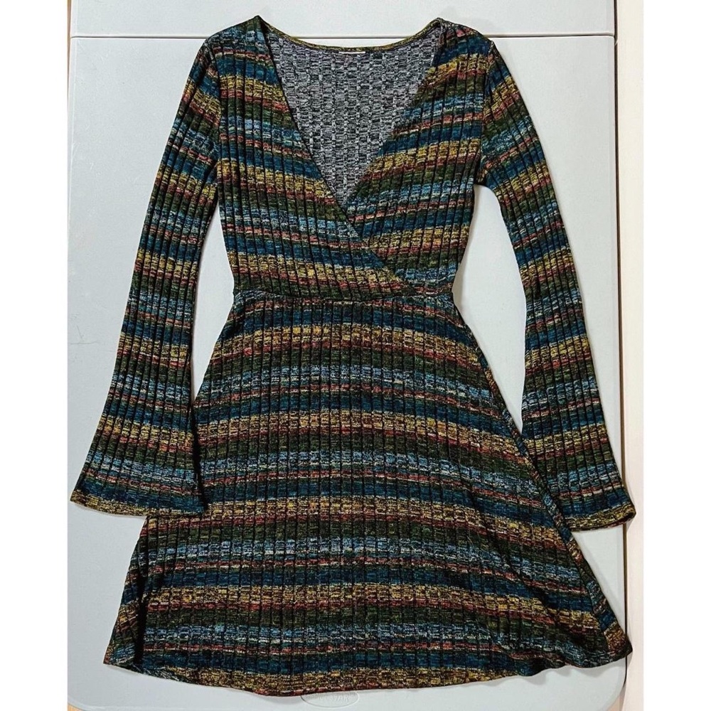 Dark Green Striped Knit Long Sleeve Mini Dress Size XS ✨ #striped #dress #knit